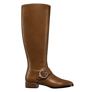 Tory Burch Sofia Tall Riding Boots Leather Logo Festive Brown Size 7